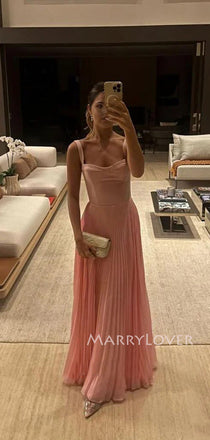 Formal A-line Pink Chiffon Straps Long Evening Prom Dresses, MR9714