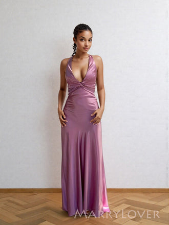 Morden Purple Satin V-neck Mermaid Long Evening Prom Dresses, MR9715