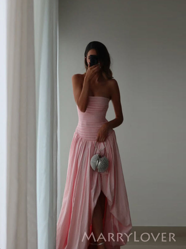 Gorgeous Pink A-line Side Slit Strapless Long Evening Prom Dresses, MR9716