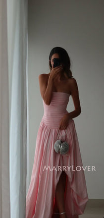 Gorgeous Pink A-line Side Slit Strapless Long Evening Prom Dresses, MR9716