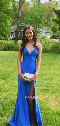 Sexy Sheath Mermaid Blue V-neck Long Evening Prom Dresses, MR9717