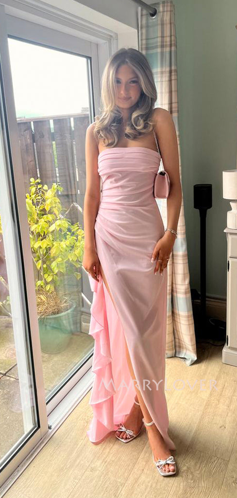 Lovely Pink Side Slit Long Strapless Evening Prom Dresses, MR9719