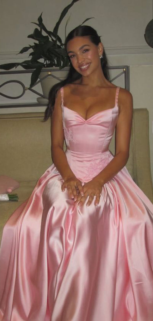 Pink Satin Straps A-line Long Evening Prom Dresses, MR9723