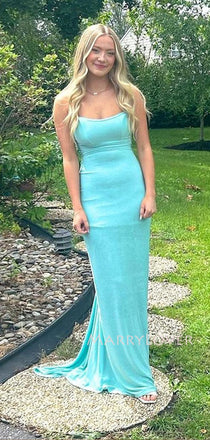 Sheath Mermaid Spaghetti Straps Blue Long Evening Prom Dresses, MR9727
