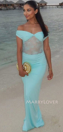 Formal Off Shoulder Blue Lace Long Evening Prom Dresses, MR9731