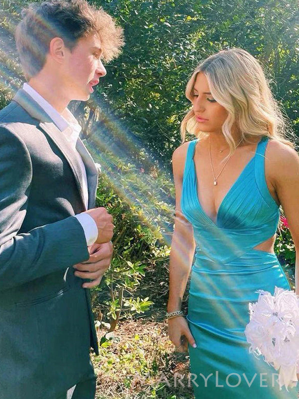 Deep V-neck Mermaid Blue Satin Straps Long Evening Prom Dresses, MR9732