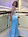 Deep V-neck Mermaid Blue Satin Straps Long Evening Prom Dresses, MR9732