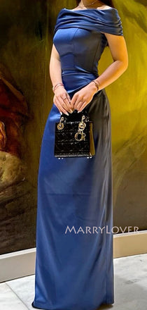 Formal Blue Satin Mermaid Long Evening Prom Dresses, Off Shoulder Prom Dress, MR9736