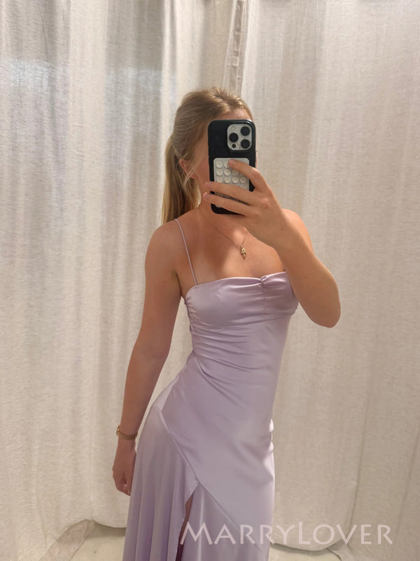 Simple Lilac Satin Spaghetti Straps Long Evening Prom Dresses, Mermaid Side Slit Prom Dress, MR9738