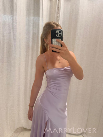 Simple Lilac Satin Spaghetti Straps Long Evening Prom Dresses, Mermaid Side Slit Prom Dress, MR9738