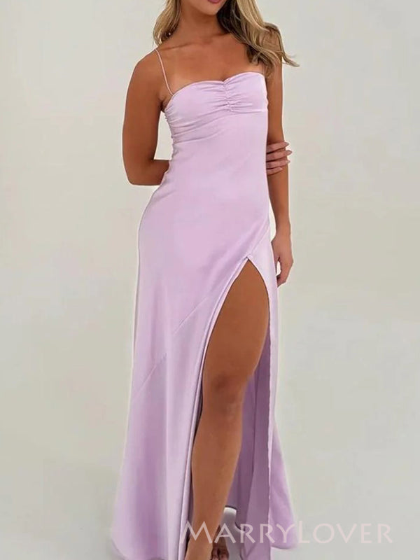 Simple Lilac Satin Spaghetti Straps Long Evening Prom Dresses, Mermaid Side Slit Prom Dress, MR9738