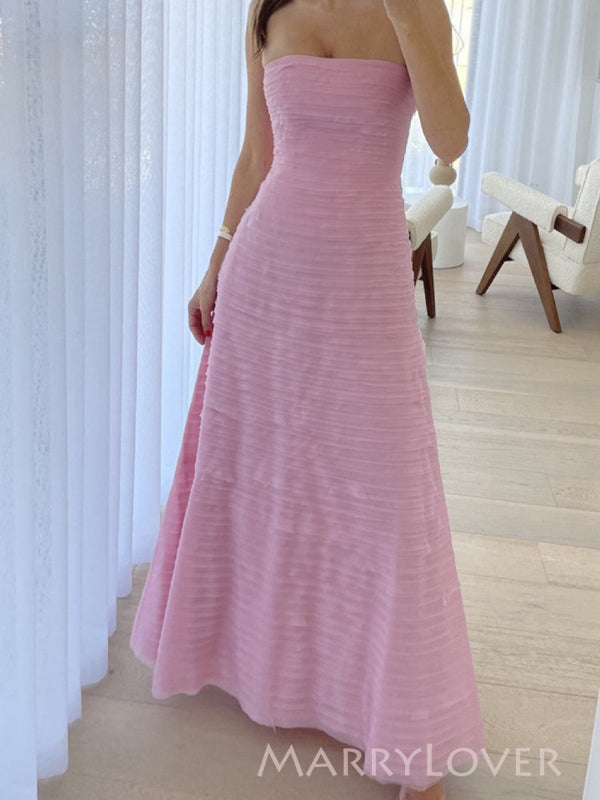 Gorgeous Pink Tulle Strapless Long Evening Prom Dresses, MR9739