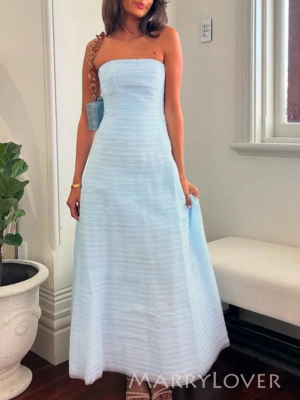 Lovely Light Blue Tulle Strapless Long Evening Prom Dresses, MR9743