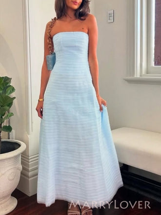 Lovely Light Blue Tulle Strapless Long Evening Prom Dresses, MR9743