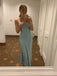 Simple Blue Satin Spaghetti Straps Side Slit Long Evening Prom Dresses, MR9748
