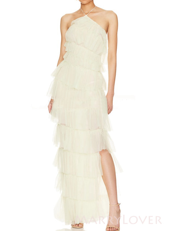 Morden Green Tulle Halter Backless Long Evening Prom Dresses, MR9753
