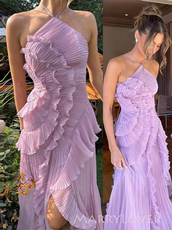 Unique Purple Chiffon Side Slit Long Evening Prom Dresses, MR9756