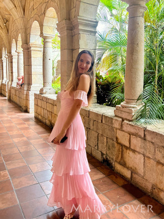 Floor-length Pink Chiffon Off Shoulder Long Evening Prom Dresses, MR9757