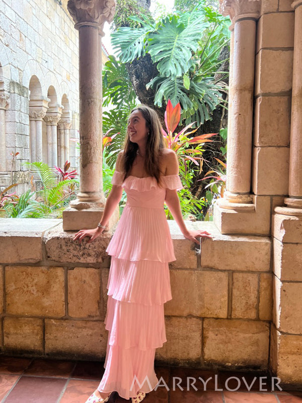 Floor-length Pink Chiffon Off Shoulder Long Evening Prom Dresses, MR9757