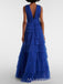 Formal Blue Tulle V-neck Long Evening Prom Dresses, A-line V-back Prom Dress, MR9760