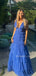 Formal Blue Tulle V-neck Long Evening Prom Dresses, A-line V-back Prom Dress, MR9760