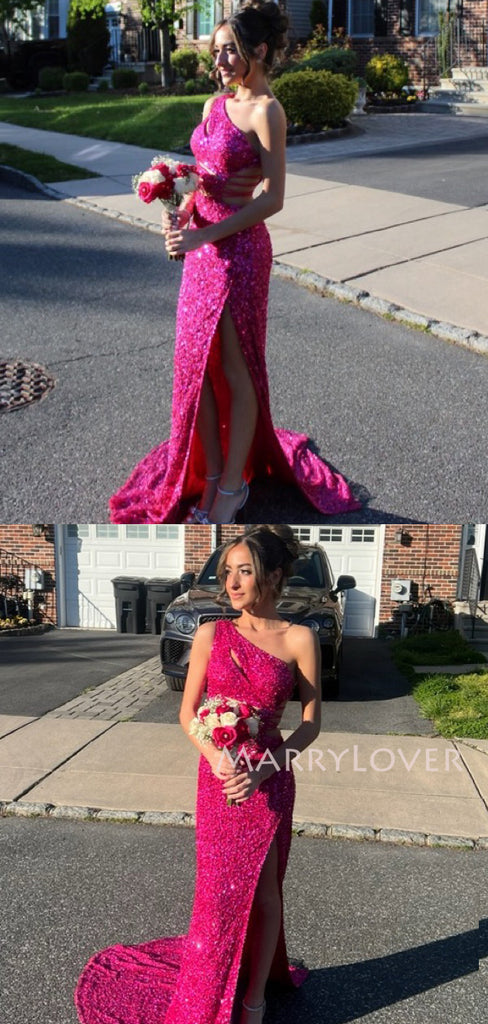 Elegant One Shoulder Sequins Mermaid Long Evening Prom Dresses, High Slit Prom Dress, MR9761