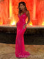 Sexy Mermaid Spaghetti Straps Hot Pink Long Evening Prom Dresses, V-neck Prom Dress, MR9762