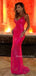 Sexy Mermaid Spaghetti Straps Hot Pink Long Evening Prom Dresses, V-neck Prom Dress, MR9762