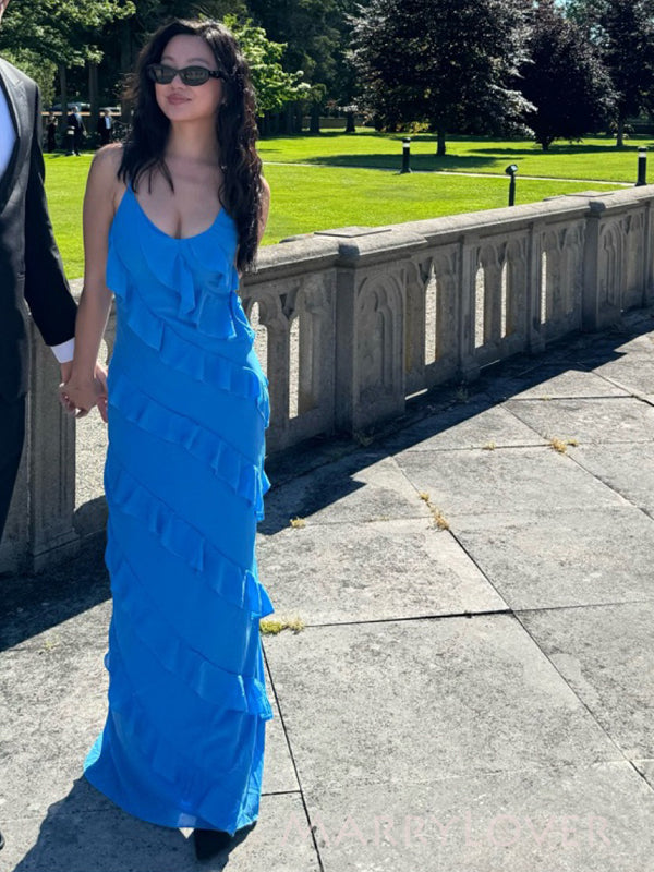 Simple Blue Chiffon Spaghetti Straps Long Evening Prom Dresses, MR9763