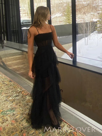 Black Tulle Spaghetti Straps See Through Long Evening Prom Dresses, MR9764