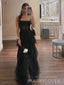 Lovely Spaghetti Straps Black Tulle Long Evening Prom Dresses, MR9765