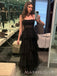 Floor-length Black Tulle A-line Long Evening Prom Dresses, MR9766