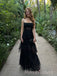 Floor-length Black Tulle A-line Long Evening Prom Dresses, MR9766