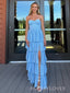 Beautiful Sweetheart Blue Chiffon Side Slit Long Evening Prom Dresses, MR9768