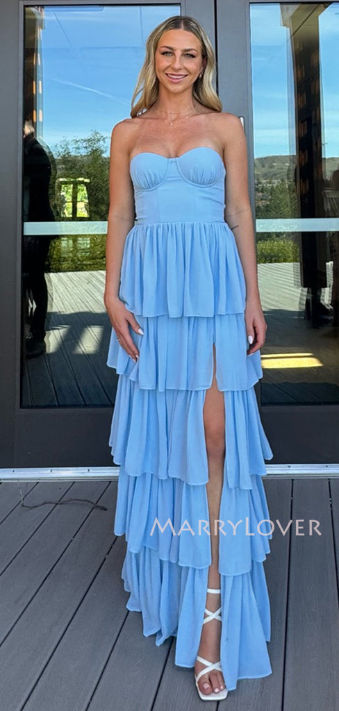 Beautiful Sweetheart Blue Chiffon Side Slit Long Evening Prom Dresses, MR9768