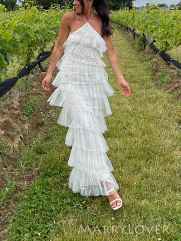 White Tulle Halter Backless Long Evening Prom Dresses, MR9776