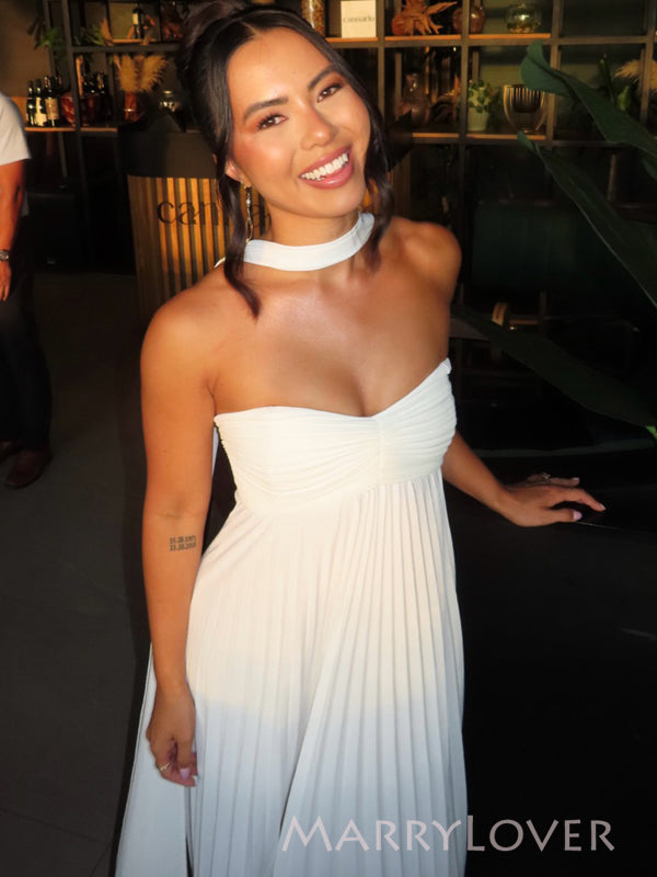 White Chiffon Sweetheart Long Evening Prom Dresses, Strapless Beach Wedding dress, MR9779