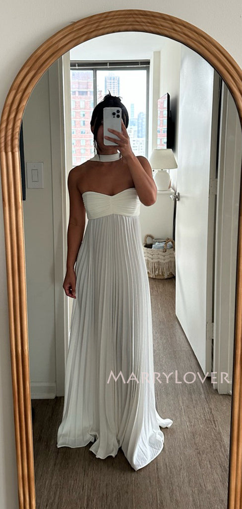 White Chiffon Sweetheart Long Evening Prom Dresses, Strapless Beach Wedding dress, MR9779