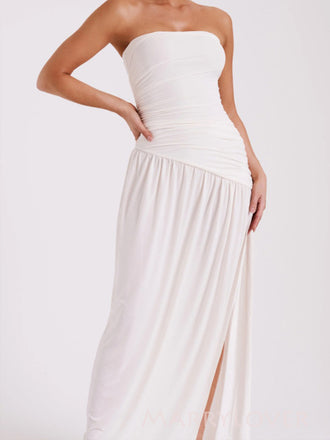 Simple Strapless White Chiffon Long Side Slit Evening Prom Dresses, MR9780