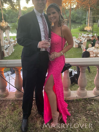 One Shoulder Hot Pink Sequins Side Slit Long Evening Prom Dresses, Mermaid Prom Dress, MR9781