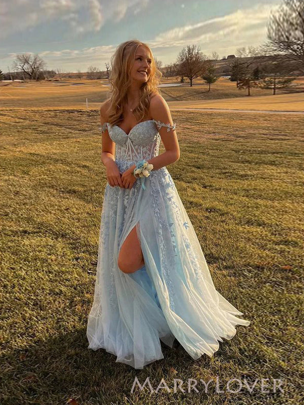 Formal Blue Tulle Appliques Long Evening Prom Dresses, MR9786