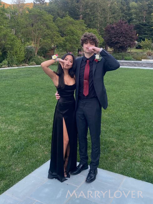 Simple Black Satin High Slit Long Evening Prom Dresses, MR9788