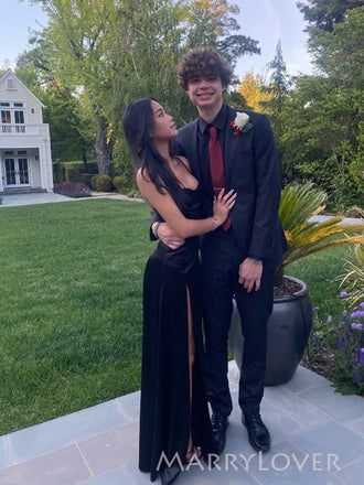 Simple Black Satin High Slit Long Evening Prom Dresses, MR9788