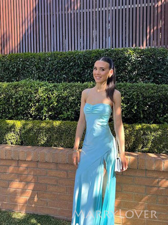 Spaghetti Straps Blue Satin Long Side Slit Evening Prom Dresses, MR9789