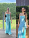 Spaghetti Straps Blue Satin Long Side Slit Evening Prom Dresses, MR9789
