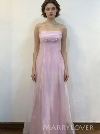 Elegant Spaghetti Straps Pink Organza Appliques Long Evening Prom Dresses, MR9790