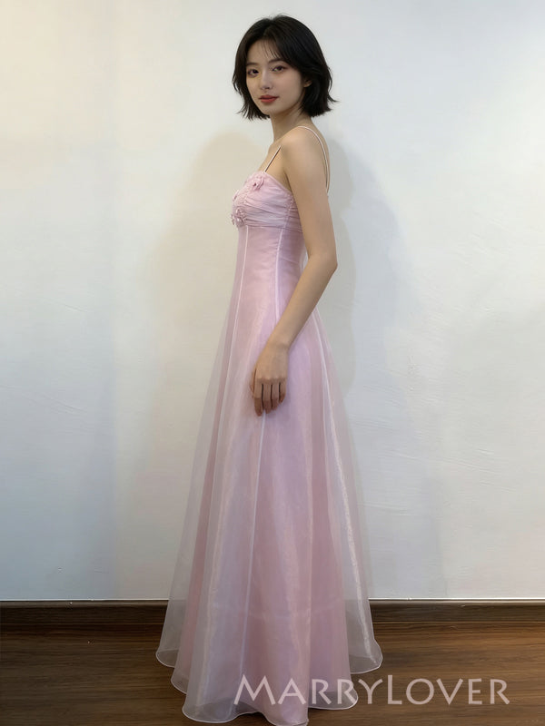 Elegant Spaghetti Straps Pink Organza Appliques Long Evening Prom Dresses, MR9790