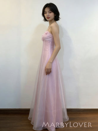 Elegant Spaghetti Straps Pink Organza Appliques Long Evening Prom Dresses, MR9790