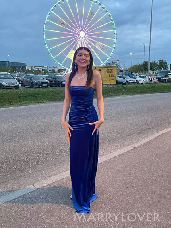 Simple Blue Velvet Mermaid Strapless Long Side Slit Evening Prom Dresses, MR9793