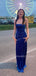 Simple Blue Velvet Mermaid Strapless Long Side Slit Evening Prom Dresses, MR9793